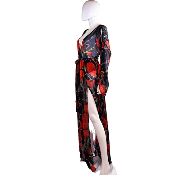 Fashion Nova | Sheer Floral Long Sleeve Surplice Maxi Dress w/ Bodysuit | Size L - Picture 2 of 7